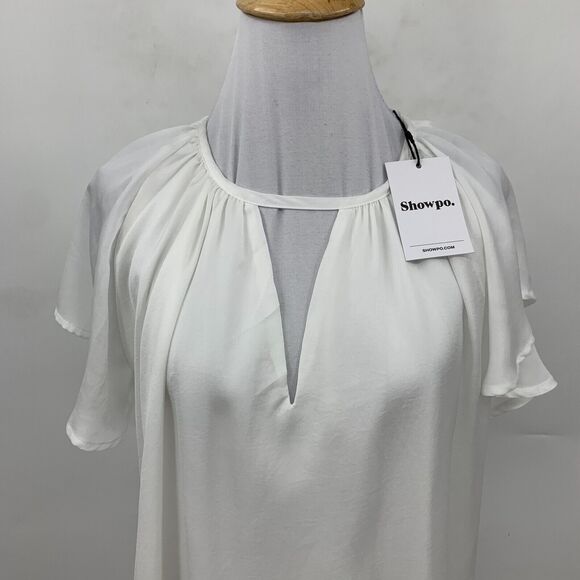 Showpo Demmi Top Womens 6 White Round Neck Keyhole Cutout Flutter Sleeve Lined - Picture 3 of 15